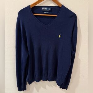 VINTAGE 90s Polo Ralph Lauren V-Neck Sweater Navy Blue XL 100% Pima Cotton Pony